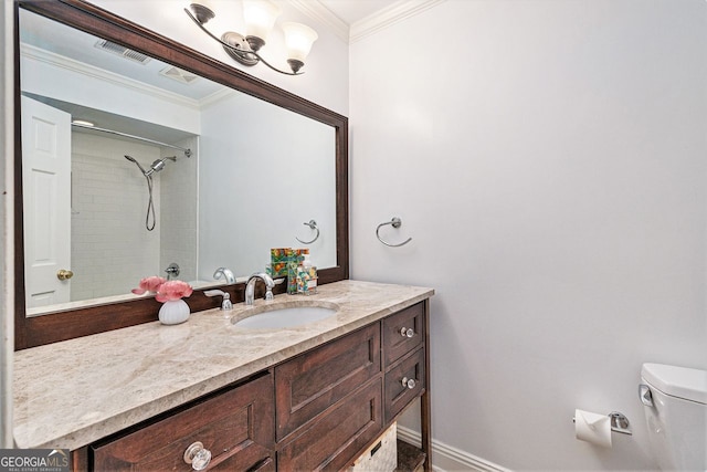 full bathroom with visible vents, toilet, ornamental molding, vanity, and walk in shower