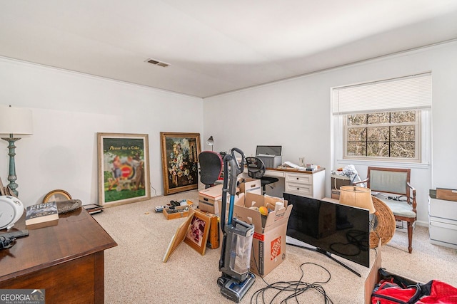 home office with carpet floors and visible vents