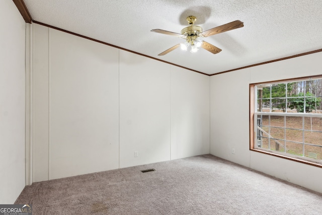 carpeted empty room featuring ceiling fan, crown molding, and a textured ceiling