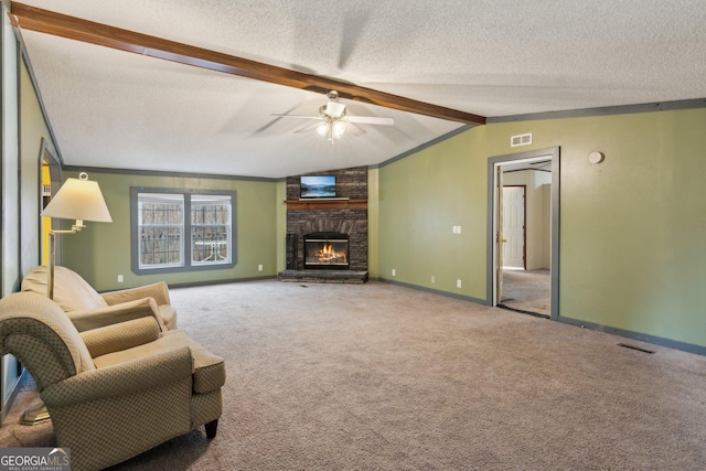 living room with a fireplace, carpet flooring, a textured ceiling, and vaulted ceiling with beams