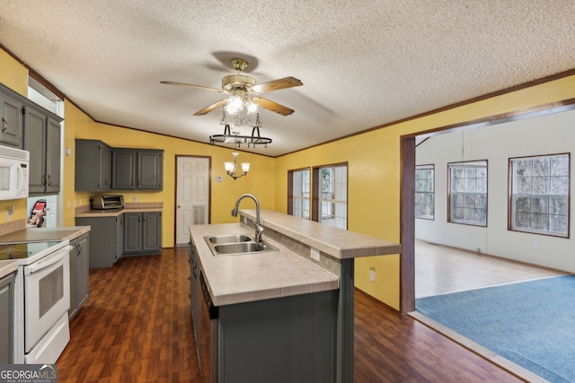 kitchen with sink, white appliances, gray cabinetry, an island with sink, and dark hardwood / wood-style flooring