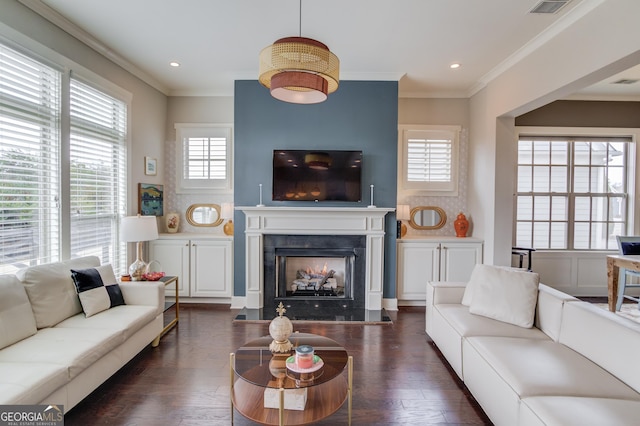 living room featuring ornamental molding and dark hardwood / wood-style flooring