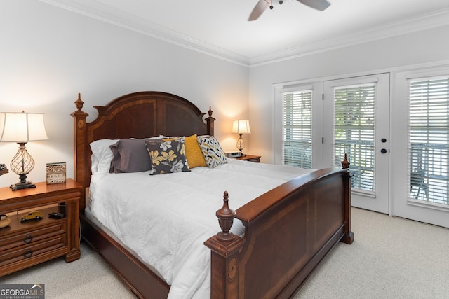 bedroom featuring crown molding, light carpet, access to exterior, and ceiling fan