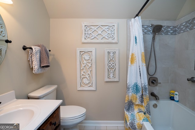 full bathroom featuring vanity, shower / tub combo, tile patterned floors, and toilet