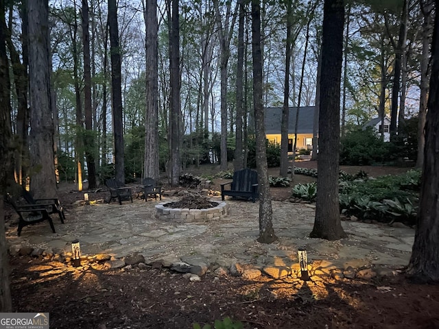 view of yard with a fire pit