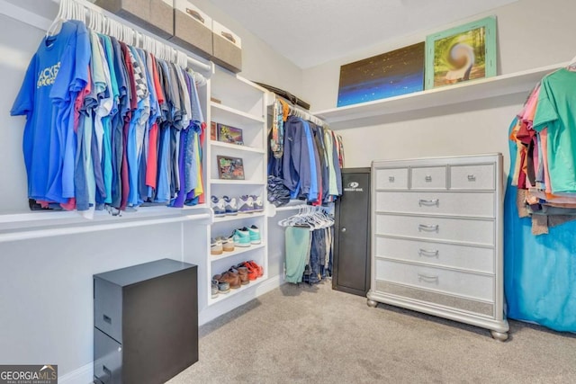 walk in closet featuring light carpet