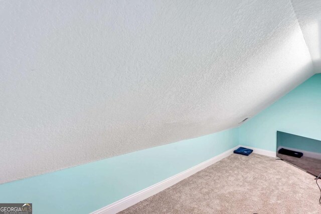 interior space with lofted ceiling, a textured ceiling, and carpet flooring