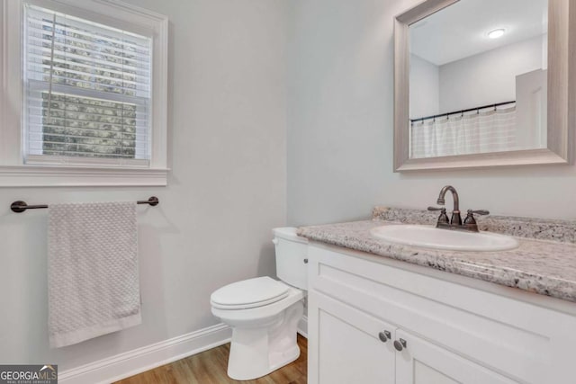 bathroom featuring vanity, wood-type flooring, and toilet