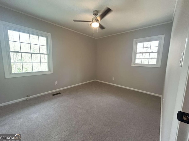 spare room with crown molding, plenty of natural light, carpet floors, and ceiling fan