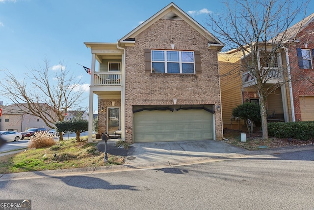 view of front of home with concrete driveway, brick siding, a balcony, and an attached garage