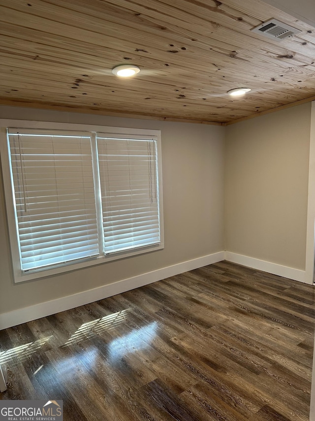 spare room with dark wood-type flooring and wooden ceiling