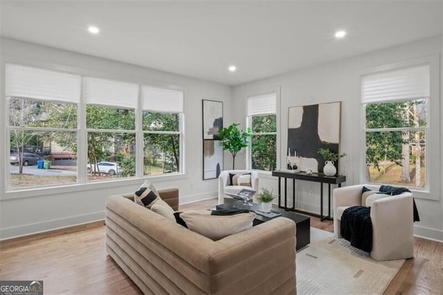 sitting room featuring recessed lighting, light wood-style flooring, and a healthy amount of sunlight