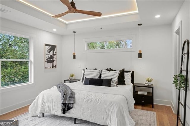 bedroom with baseboards, multiple windows, a tray ceiling, and wood finished floors