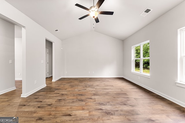 910 Bevis Rd, Franklin, GA 30217 - unfurnished room with a ceiling fan, lofted ceiling, wood finished floors, and baseboards