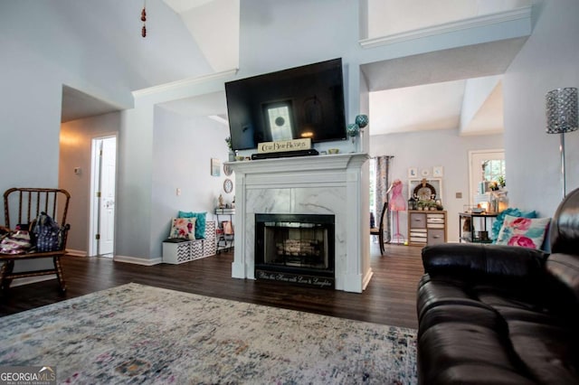 living room featuring dark wood-type flooring, a premium fireplace, and high vaulted ceiling