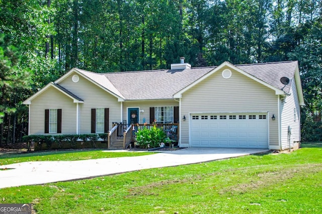 ranch-style home with a garage and a front yard