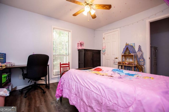 bedroom featuring ceiling fan, lofted ceiling, and wood-type flooring