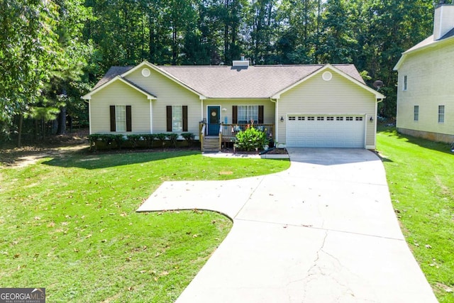 ranch-style house with a porch, a garage, and a front lawn