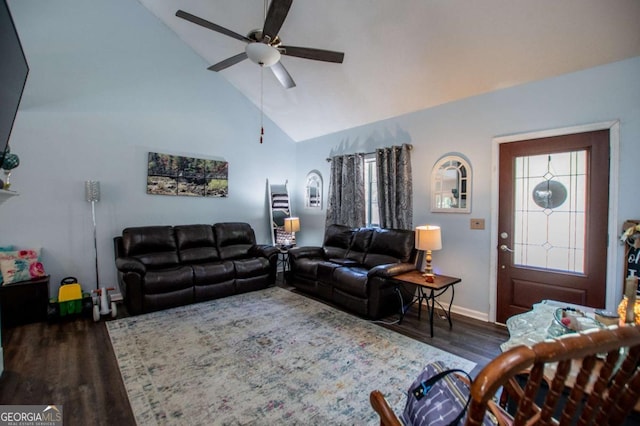 living room featuring high vaulted ceiling, dark wood-type flooring, a wealth of natural light, and ceiling fan