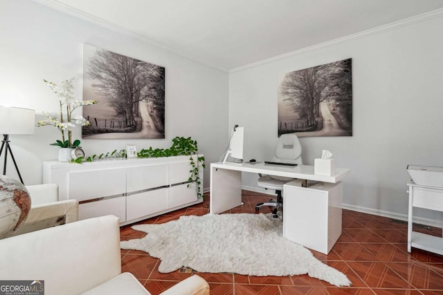 tiled home office with ornamental molding