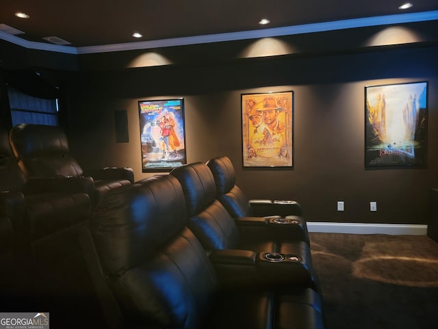 carpeted cinema room featuring visible vents, baseboards, and recessed lighting