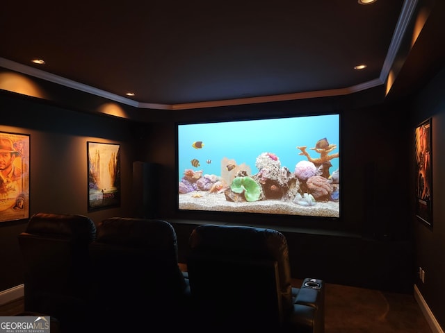 home theater with ornamental molding and recessed lighting