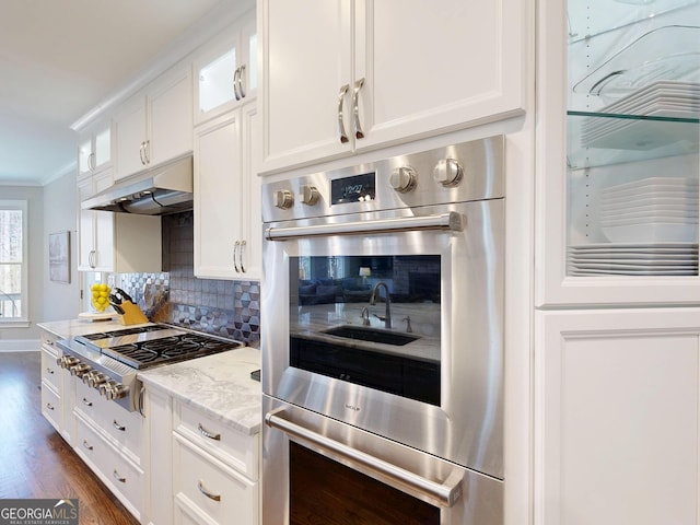 kitchen featuring white cabinets, decorative backsplash, stainless steel appliances, crown molding, and under cabinet range hood