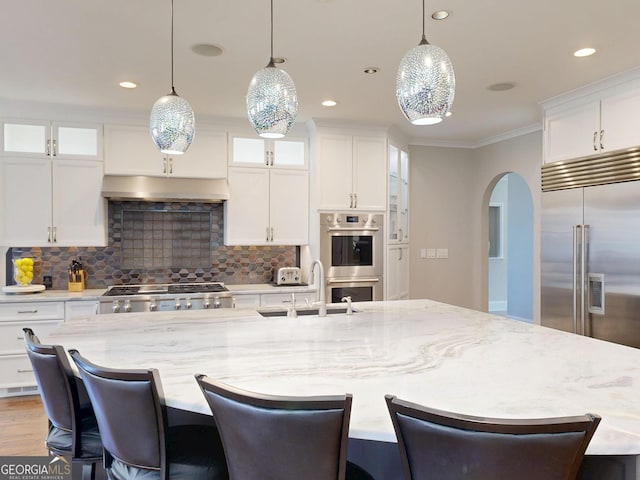 kitchen with arched walkways, crown molding, stainless steel appliances, a sink, and under cabinet range hood