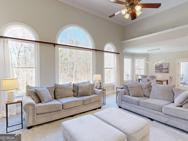 living room with a ceiling fan, baseboards, ornamental molding, and carpet flooring