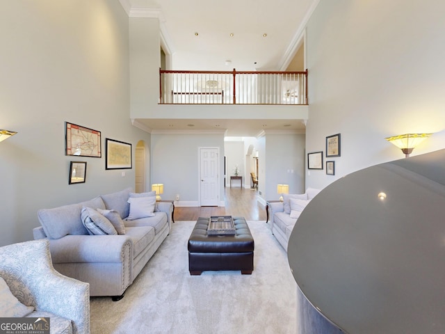 living area featuring baseboards, crown molding, a high ceiling, and wood finished floors