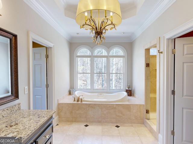 bathroom featuring a stall shower, ornamental molding, tile patterned floors, a chandelier, and a bath