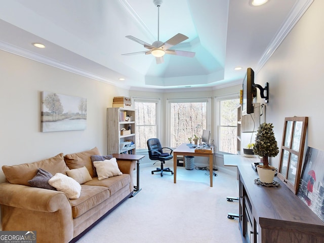 home office featuring light carpet, plenty of natural light, crown molding, and recessed lighting