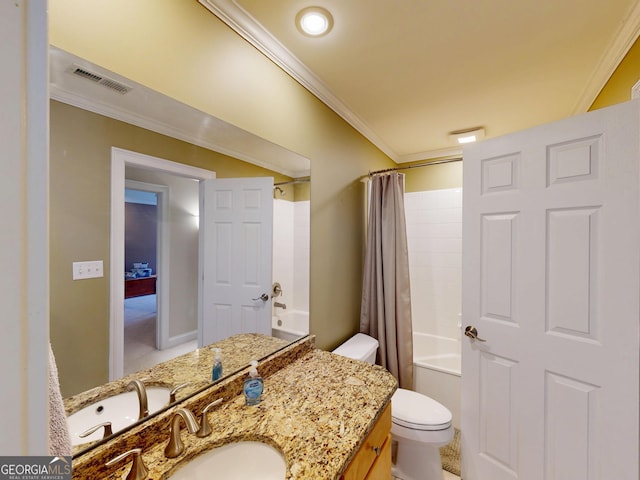 full bathroom featuring visible vents, toilet, ornamental molding, shower / bathtub combination with curtain, and vanity