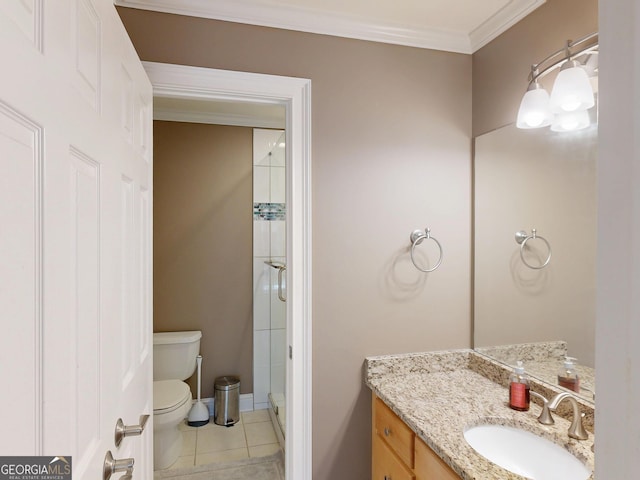 full bath with tile patterned flooring, toilet, vanity, a shower stall, and crown molding