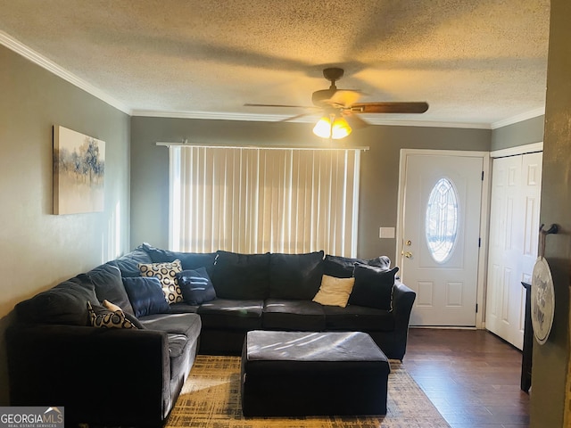 living room featuring ornamental molding, ceiling fan, a textured ceiling, and dark hardwood / wood-style flooring