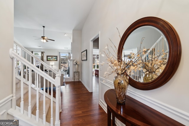 entryway featuring ceiling fan and dark hardwood / wood-style floors