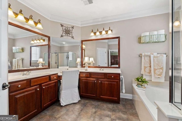 bathroom with independent shower and bath, ornamental molding, and vanity