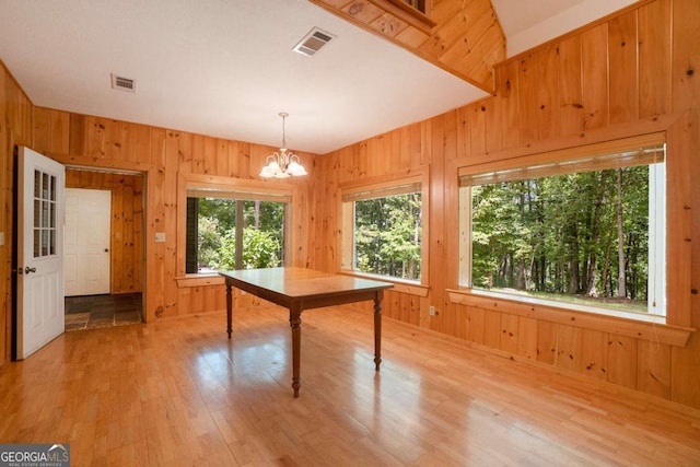 unfurnished dining area with visible vents, plenty of natural light, and wooden walls