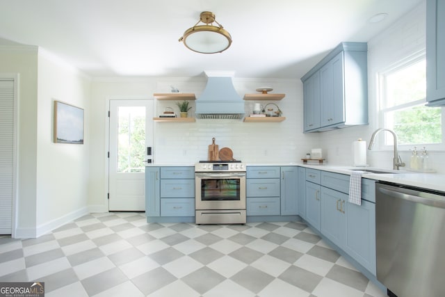 kitchen featuring sink, crown molding, appliances with stainless steel finishes, tasteful backsplash, and custom exhaust hood