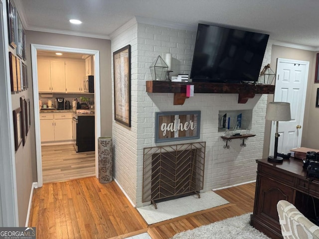 living room featuring ornamental molding, a fireplace, and light hardwood / wood-style floors