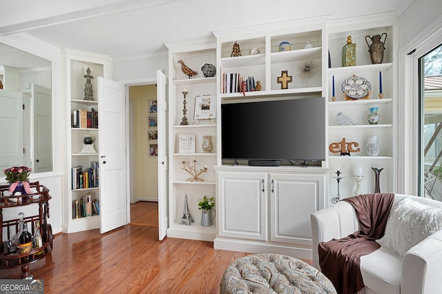 living room featuring crown molding and light hardwood / wood-style floors