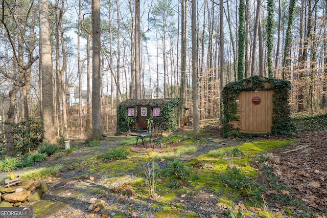 view of yard with a storage shed