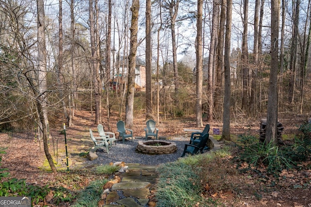 view of yard with a fire pit