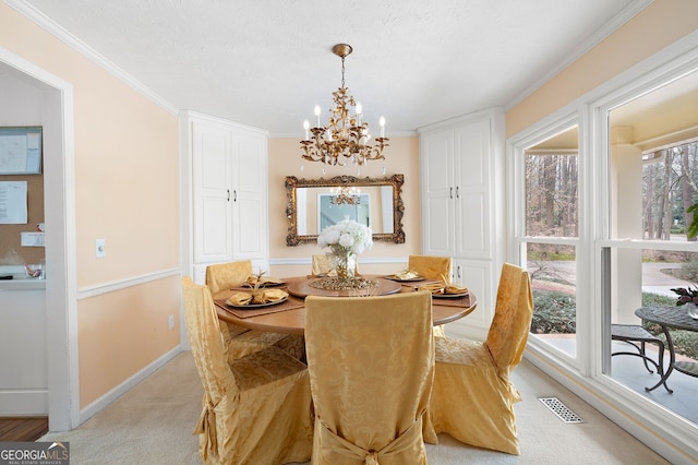 carpeted dining area featuring crown molding, a notable chandelier, and a textured ceiling