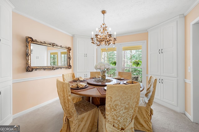 dining area with light colored carpet, ornamental molding, a textured ceiling, and a notable chandelier