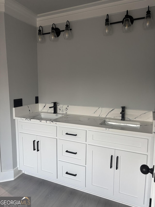 bathroom featuring vanity, hardwood / wood-style flooring, and ornamental molding