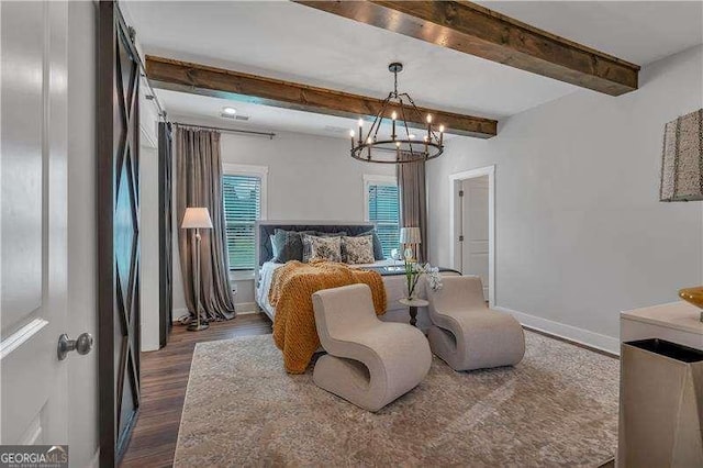 133 Old Alabama Rd SE, Emerson, GA 30137 - bedroom featuring dark wood-type flooring, beamed ceiling, and a chandelier