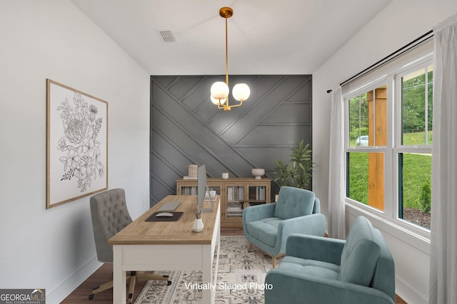 133 Old Alabama Rd SE, Emerson, GA 30137 - home office with a decorative wall, wood finished floors, a chandelier, and an accent wall