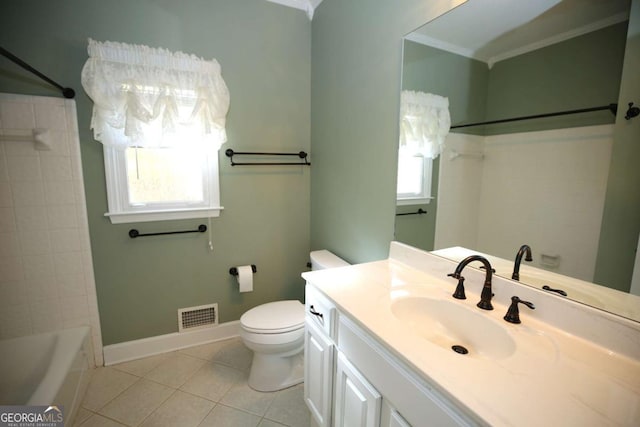 full bathroom with crown molding, tiled shower / bath combo, vanity, tile patterned floors, and toilet