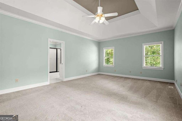 carpeted spare room featuring ceiling fan, a tray ceiling, ornamental molding, and a healthy amount of sunlight